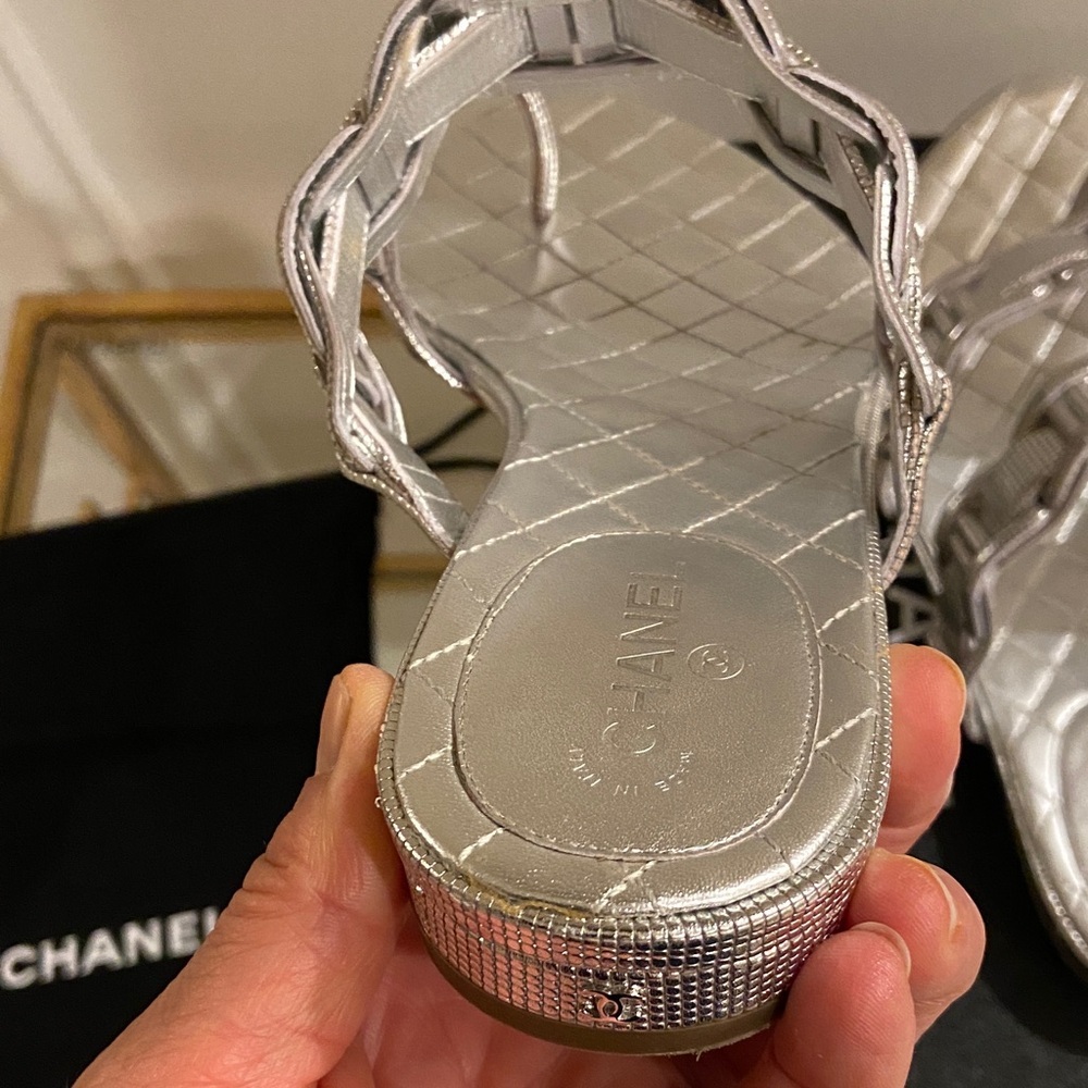 CHANEL Silver Calfskin Quilted Slip In Sandals 7.5 - Picture 14 of 16